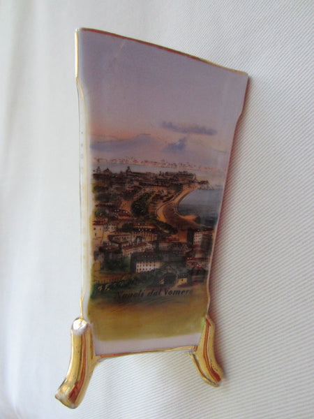 Panoramic Naples Italy Porcelain Vases Hand Painted Gilt Footed Scripted - Designer Unique Finds 