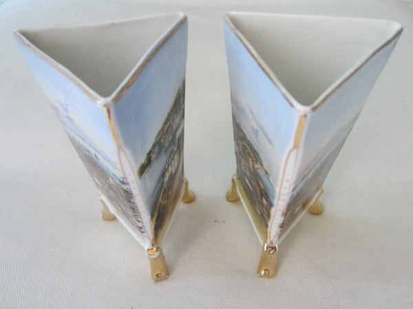 Panoramic Naples Italy Porcelain Vases Hand Painted Gilt Footed Scripted - Designer Unique Finds 