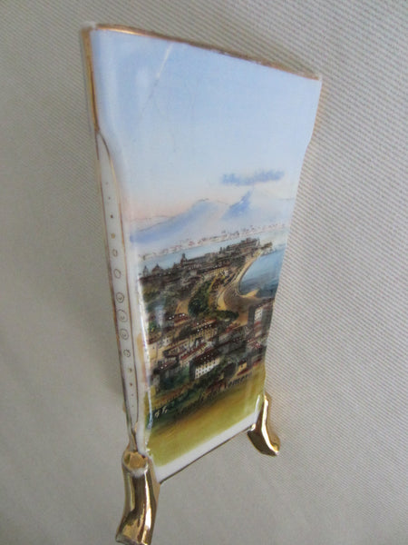 Panoramic Naples Italy Porcelain Vases Hand Painted Gilt Footed Scripted - Designer Unique Finds 