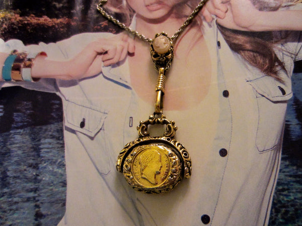 Golden Sliding Chain Necklace Fob Cameo Seal Portrait Pendant