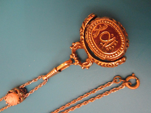Golden Sliding Chain Necklace Fob Cameo Seal Pendant - Designer Unique Finds 