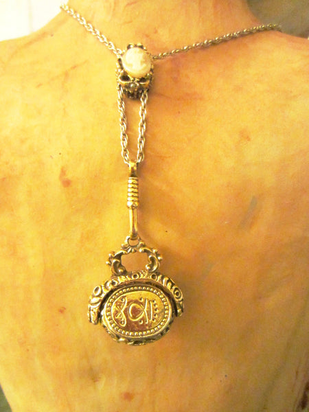 Golden Sliding Chain Necklace Fob Cameo Seal Pendant - Designer Unique Finds 