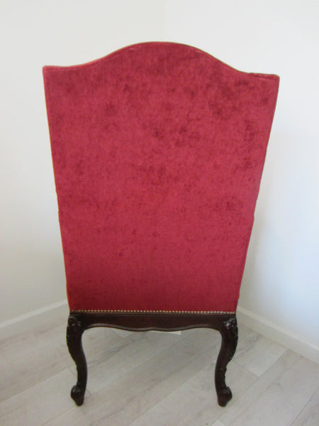 Studded Red Fabric Bassett Arm Chair Dark Wood Scrolled High Back - Designer Unique Finds 
 - 7