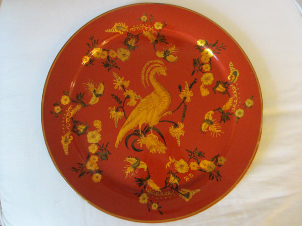 Tole Red Tray Monogram Gold Painted Round Signed Decorated Bird Flowers - Designer Unique Finds 
 - 1