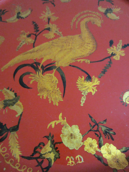 Tole Red Tray Monogram Gold Painted Round Signed Decorated Bird Flowers - Designer Unique Finds 
 - 4