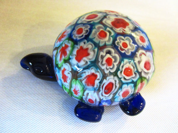 Murano Glass Millefiori Blue Turtle Paperweight - Designer Unique Finds 
