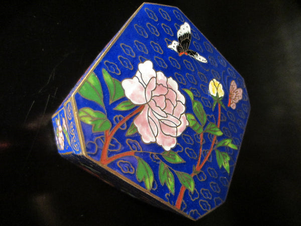 Asian Cloisonne Hexagon Miniature Floral Enameling Metal Trinket Box