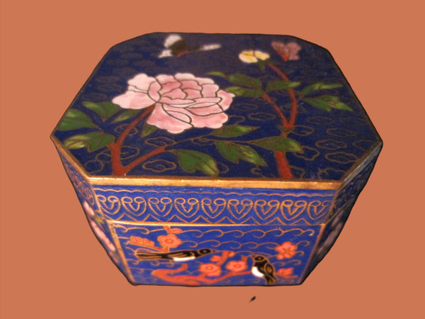 Asian Cloisonne Blue Hexagon Trinket Box Flower Bird Enameling - Designer Unique Finds 
 - 2