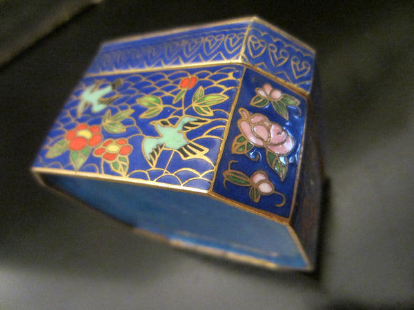 Asian Cloisonne Blue Hexagon Trinket Box Flower Bird Enameling - Designer Unique Finds 
 - 3