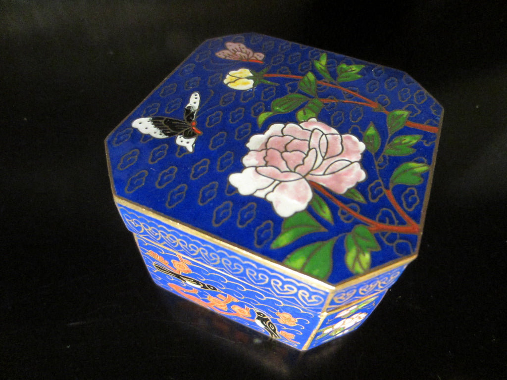 Asian Cloisonne Blue Hexagon Trinket Box Flower Bird Enameling - Designer Unique Finds 
 - 1