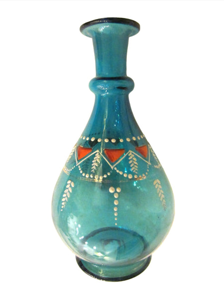 Blue Blown Glass Enamel Vase Hand Decorated Decanter