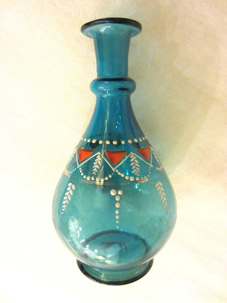 Blue Blown Glass Enamel Vase Hand Decorated Decanter
