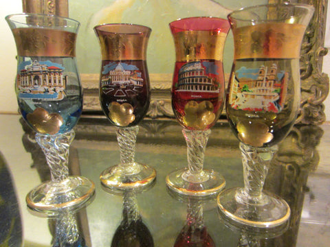 Italy Cordial Liquor Glass Collection City View Hand Color Stemware - Designer Unique Finds 