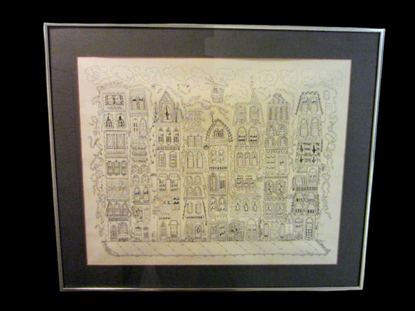 Architectural Folk Art Birds Eye View of A Town Signed Susan