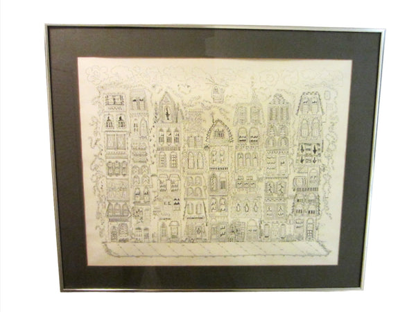 Architectural Folk Art Birds Eye View of A Town Signed Susan Lithograph 