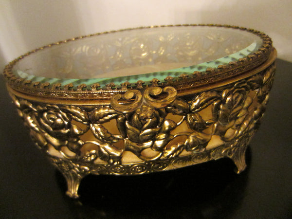 Rose Decorated Jewelry Box Oval Filigree Beveled Glass Velvet Lined - Designer Unique Finds 