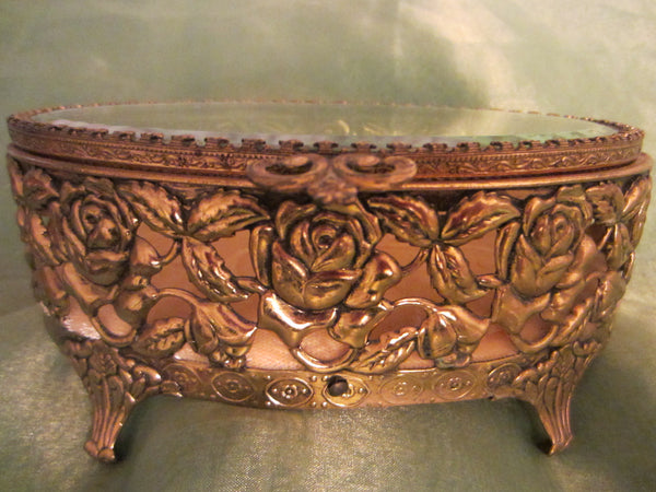 Rose Decorated Jewelry Box Oval Filigree Beveled Glass Velvet Lined - Designer Unique Finds 