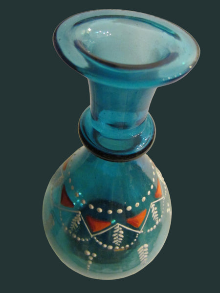 Blue Blown Glass Enamel Vase Hand Decorated Decanter