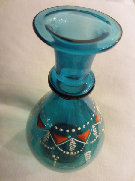 Blue Blown Glass Enamel Vase Hand Decorated Decanter