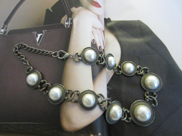 Pearl Gems Cabochons Necklace White Metal Link Choker