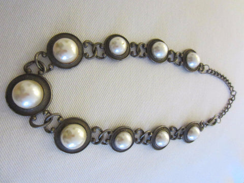 Art Deco Necklace Choker Pearl Cabochons White Metal Link - Designer Unique Finds 
 - 3