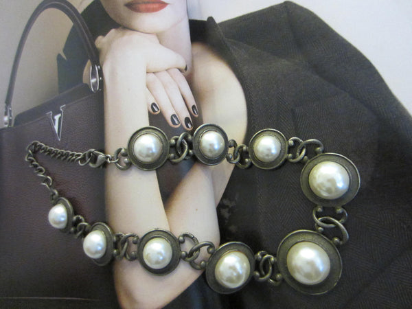 Art Deco Necklace Choker Pearl Cabochons White Metal Link - Designer Unique Finds 
 - 1