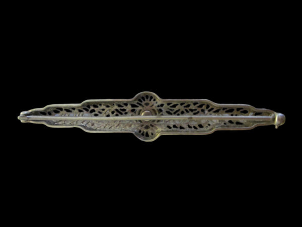 Art Deco Filigree Silver Bar Brooch Openwork Center Sapphires - Designer Unique Finds 
 - 2