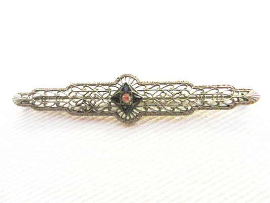 Art Deco Filigree Silver Bar Brooch Openwork Center Sapphires - Designer Unique Finds 
 - 3