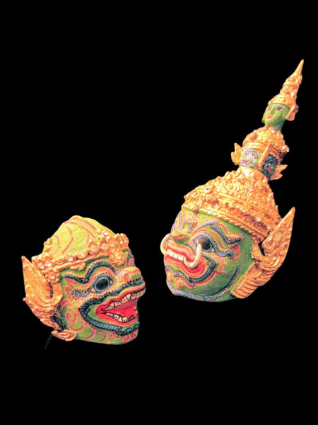 Thai Khon Tiara Paper Mache Green Gold  Decorated Jeweled Masks