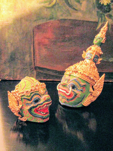 Thai Khon Tiara Paper Mache Green Gold  Decorated Jeweled Masks