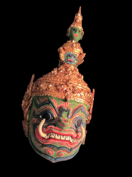 Thai Khon Tiara Paper Mache Green Gold  Decorated Jeweled Masks