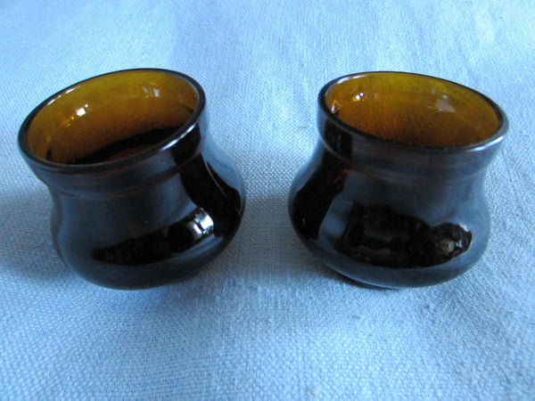 Contemporary Pair Dark Glass Amber Votive Candle Holders With Monograms - Designer Unique Finds 
