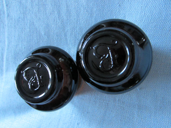 Contemporary Pair Dark Glass Amber Votive Candle Holders With Monograms - Designer Unique Finds 