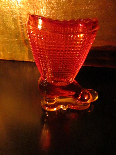 Le Smith Amberina Textured Pressed Vase Glass Boot - Designer Unique Finds 