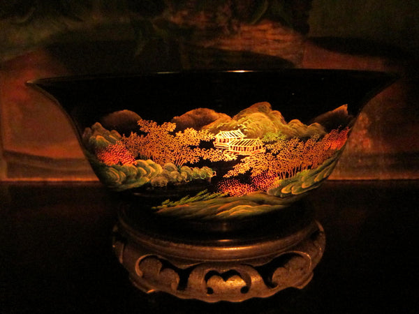 Chinoiserie Chinese Black Lacquered Scenic Golden Bowl Hand Painted Koi Fish - Designer Unique Finds 
 - 5