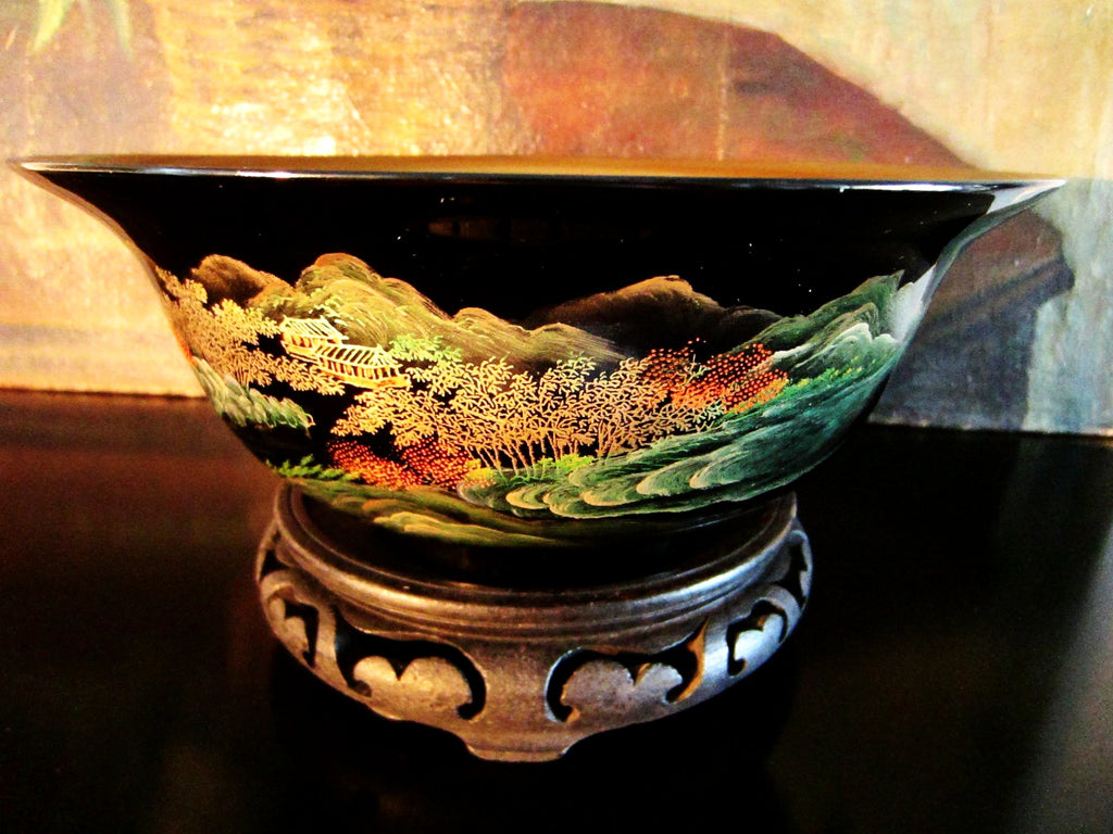 Chinoiserie Chinese Black Lacquered Scenic Golden Bowl Hand Painted Koi Fish - Designer Unique Finds 
 - 1