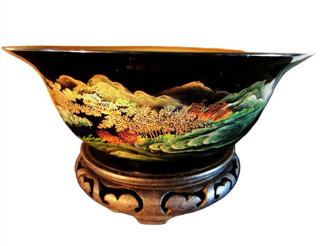 Chinoiserie Chinese Black Lacquered Scenic Golden Bowl Hand Painted Koi Fish - Designer Unique Finds 
 - 1