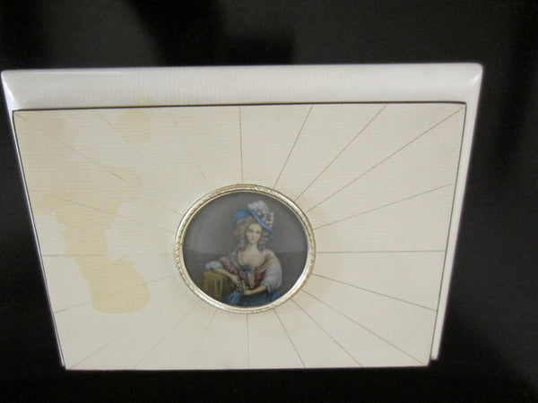 Victorian Style White Lacquered Italian Musical Jewelry Box Paper Portrait Medallion - Designer Unique Finds 