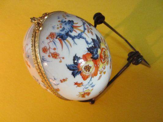 Limoges France Porcelain Egg Trinket Box Decorated Brass Hardware - Designer Unique Finds 