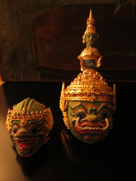 Thai Khon Tiara Jeweled Tone Paper Mache Green Masks Collection - Designer Unique Finds 
 - 4
