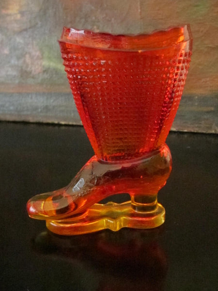 Le Smith Amberina Textured Pressed Glass Boot Vessel - Designer Unique Finds 