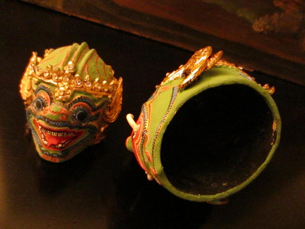 Thai Khon Tiara Jeweled Tone Paper Mache Green Masks Collection - Designer Unique Finds 
 - 2