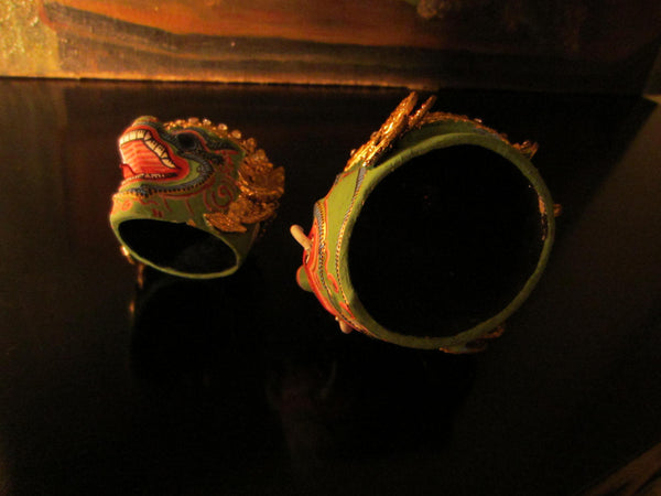 Thai Khon Tiara Jeweled Tone Paper Mache Green Masks Collection - Designer Unique Finds 