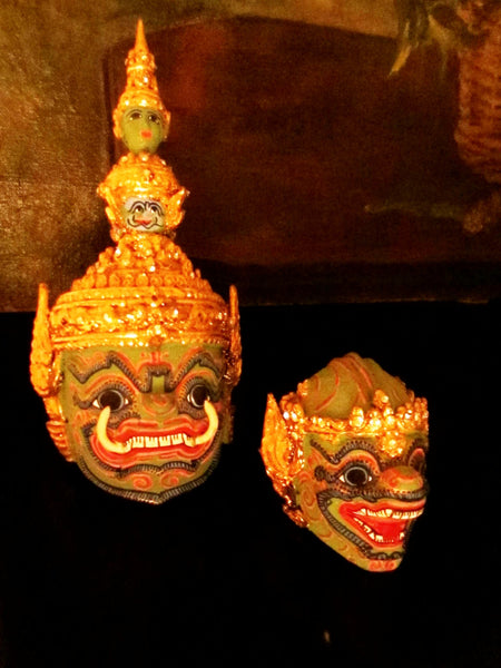 Thai Khon Tiara Jeweled Tone Paper Mache Green Masks Collection - Designer Unique Finds 
 - 3