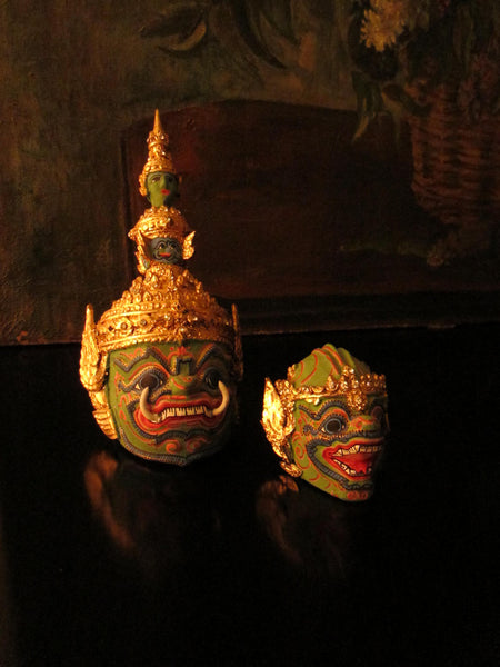 Thai Khon Tiara Jeweled Tone Paper Mache Green Masks Collection - Designer Unique Finds 
 - 7