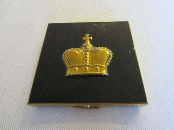 Prince Matchabelli Mid Century Mirrored Compact Golden Crown Medallion Black Enamel Style