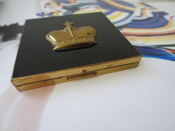 Prince Matchabelli Mid Century Mirrored Compact Golden Crown Medallion Black Enamel Style