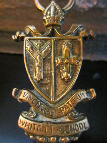School Novelty Figurative Brass Deco Tray Inscribed Crest Coat of Arm Handle - Designer Unique Finds 