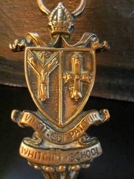 School Novelty Figurative Brass Deco Tray Inscribed Crest Coat of Arm Handle - Designer Unique Finds 