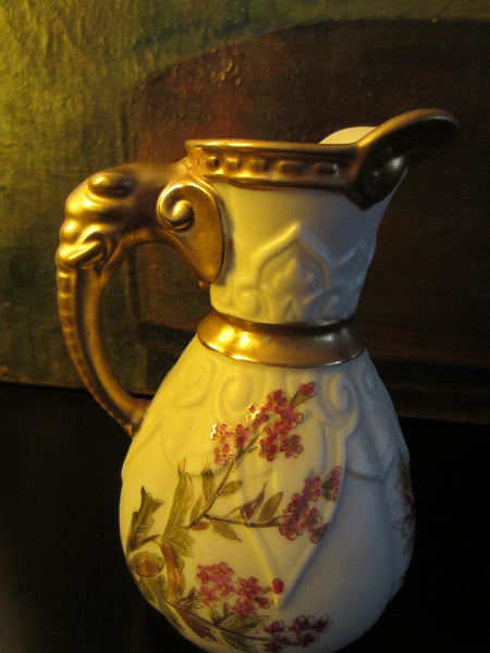 Royal Worcester Jug Porcelain Pitcher Elephant Gold Handle - Designer Unique Finds 